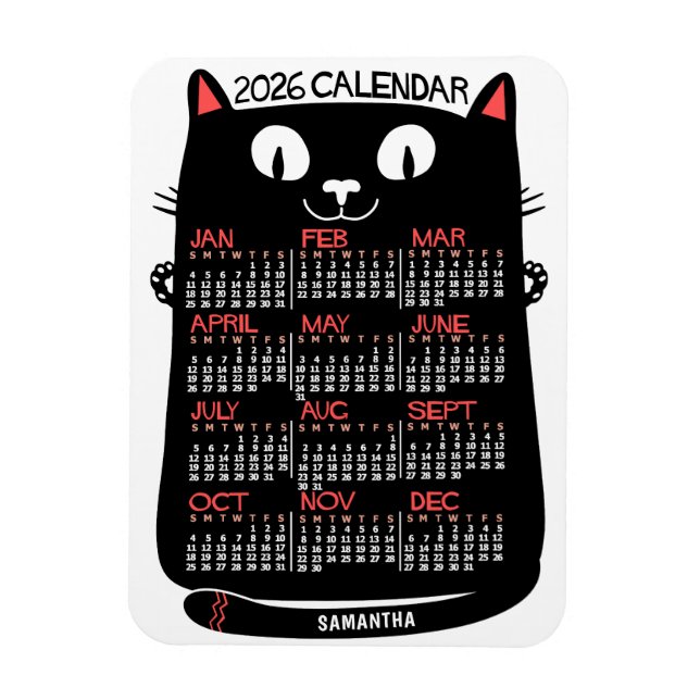 Ímã 2026 Year Monthly Calendar Mid-Century Black Cat (Vertical)