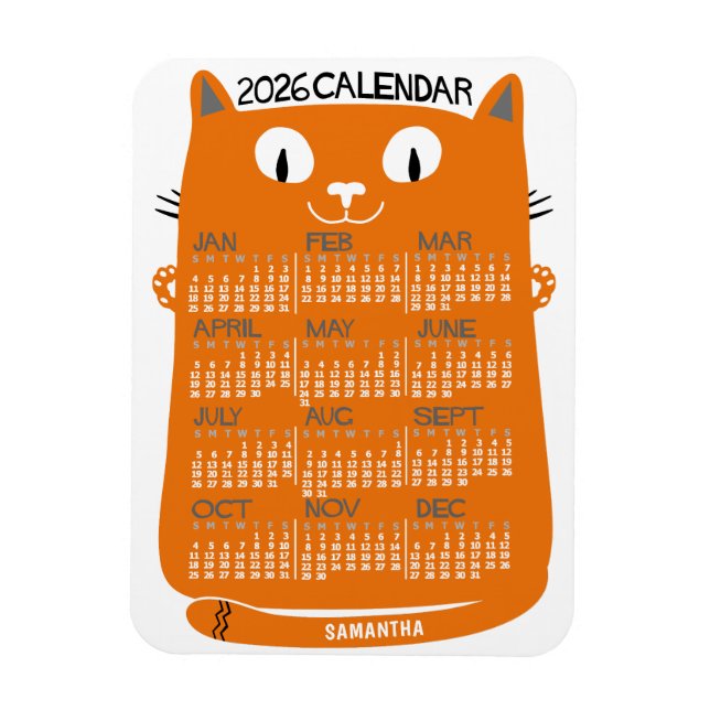 Ímã 2026 Year Monthly Calendar Mid-Century Orange Cat (Vertical)