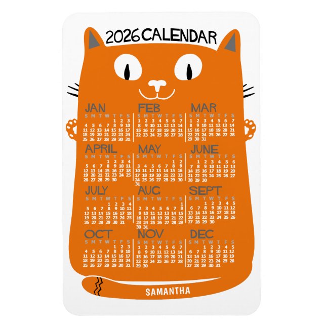 Ímã 2026 Year Monthly Calendar Mid-Century Orange Cat (Vertical)