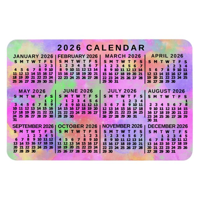 Ímã 2026 Year Monthly Calendar Rainbow Splatter Paint (Horizontal)