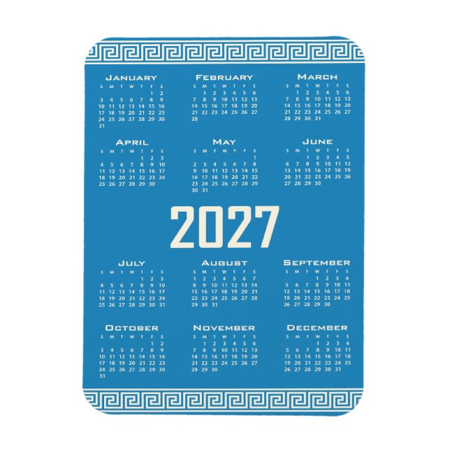 Ímã 2027 Calendar, Greek Fret, Cosmic Latte on Blue (Vertical)