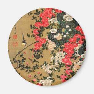 Imã 21. 薔 薇 禽 図, 若 Rosas 冲 e pássaro pequeno, Jakuchu