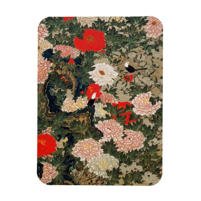 Ímã 22. 牡 丹 小 図, 若冲Pêonias e Pequenas Aves, Jacuchu (Vertical)