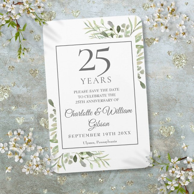 Ímã 25º Salve a Data do Aniversário de Prata Folhagem  (25th Silver Anniversary Save the Date Greenery Magnet)