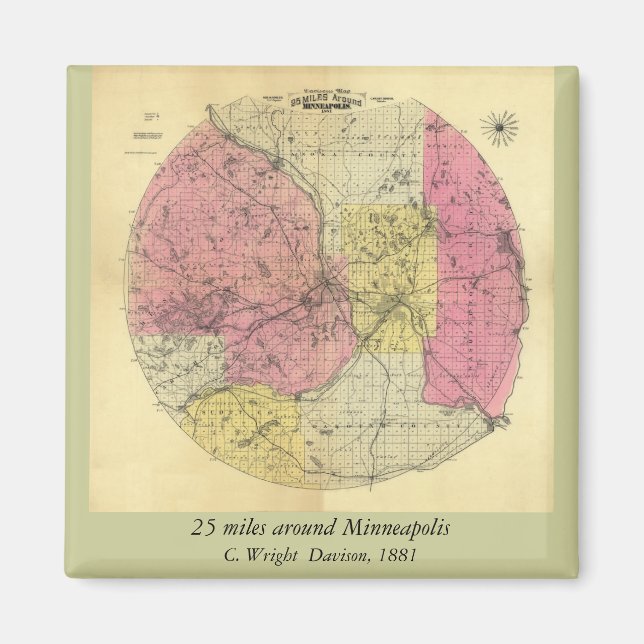 Imã 25 Milhas Em Torno De Minneapolis - Mapa De 1881 (Frente)