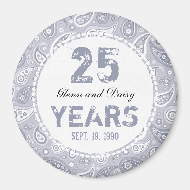 Imã 25 Silver Casamento Aniversário Paisley Pattern (Frente)