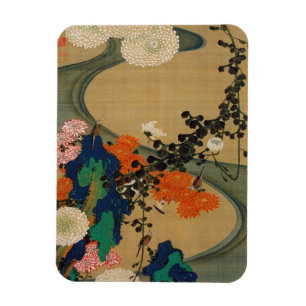Ímã 29. 菊花流水図, crisântemo do 若冲 & córr