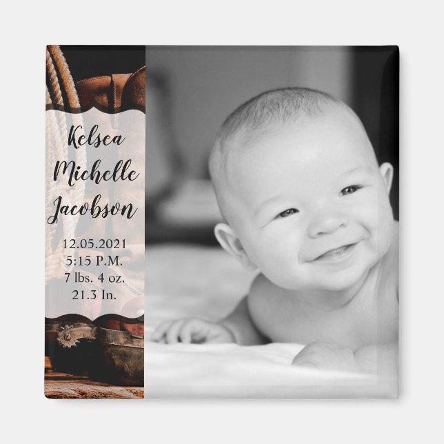 Imã 2"x2" Anúncio de nascimento Magnet Cowboy Boots Ba (Frente)