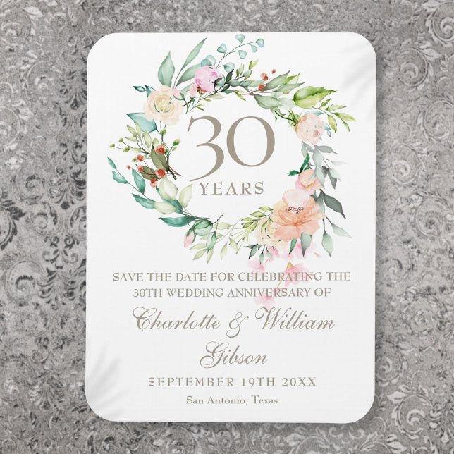 Ímã 30 Casamento Aniversário Salvar a Data Floral (30th Wedding Anniversary Floral Save the Date Magnet)