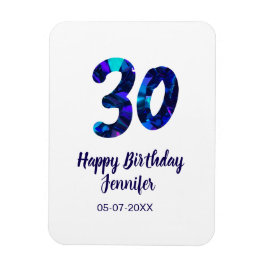 Ímã 30th birthday add name date year blue sparkle