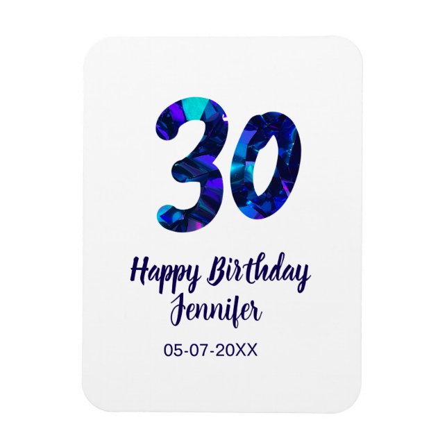 Ímã 30th birthday add name date year blue sparkle  (Vertical)
