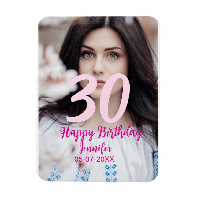 Ímã 30th birthday add name date year white photo (Vertical)