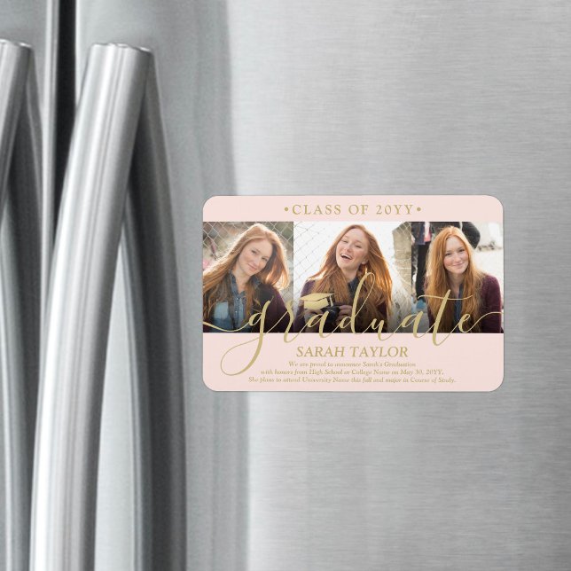 Ímã 3 Anúncio de Graduação Pink e Dourado Blush de Fot (Criador carregado)