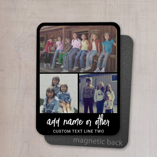 Ímã 3 Colagem de Fotos com Texto de Script - branco pr (Personalized magnet with photo collage and text)