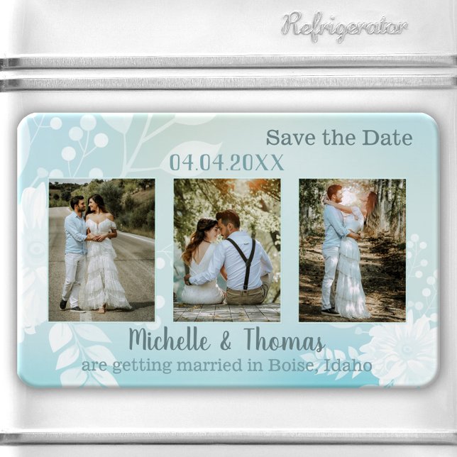 Ímã 3 Fotografias Imã salve a data Turquesa Pastel (Save the Date magnet featuring 3 of your own photos framed by a pastel teal turquoise floral design.)