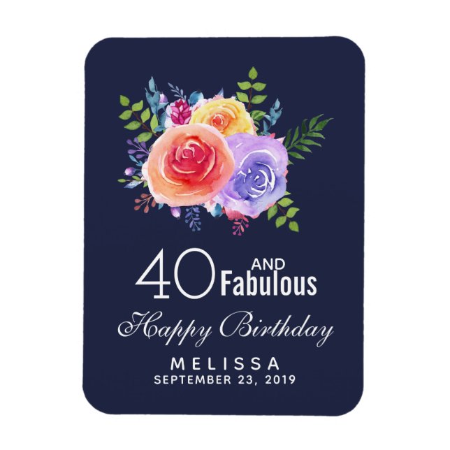 Ímã 40 e Texto fabuloso - Aniversário com Flor de Aqua (Vertical)