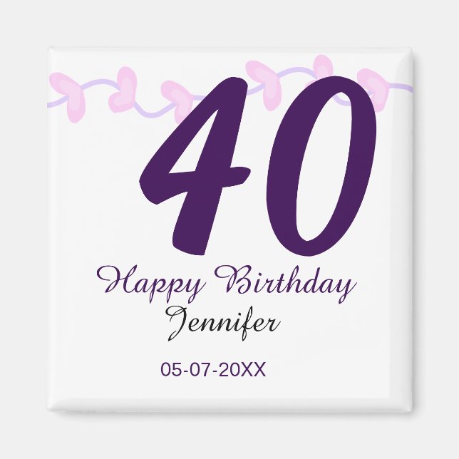 Imã 40th birthday add name date year purple floral pin (Frente)