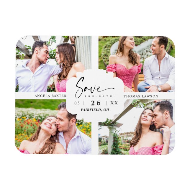 Ímã 4 Custom Photos Minimalist Modern Collage Wedding (Horizontal)