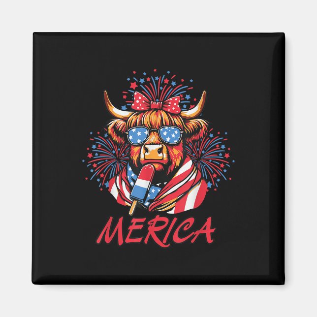Imã 4 De Julho De Highland Cow Popsicice Fireworks Usa (Frente)