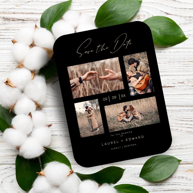 Ímã 4 Photos Modern Collage Wedding Wimshical Script (Criador carregado)