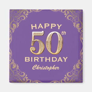 Imã 50ª Festa de aniversário, Roxo e Dourada, com imag