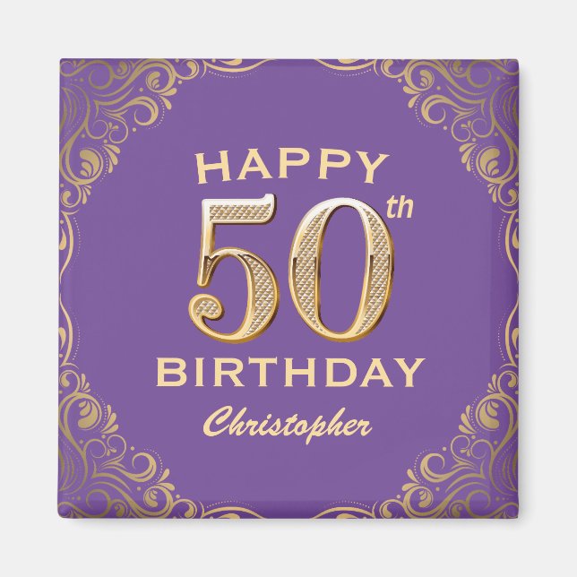 Imã 50ª Festa de aniversário, Roxo e Dourada, com imag (Frente)
