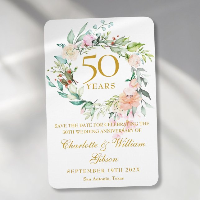 Ímã 50º Aniversário de Casamento Salve a Rosa Floral (50th Wedding Anniversary Save the Date Rose Floral Magnet)