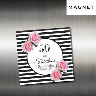 Imã 50.º aniversário rosas rosa-chic, listras branca