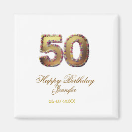 Imã 50th birthday add name date year gold floral bold