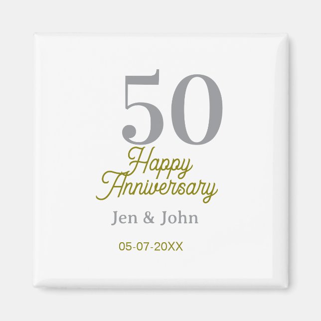 Imã 50th happy anniversary name date silver gold date  (Frente)