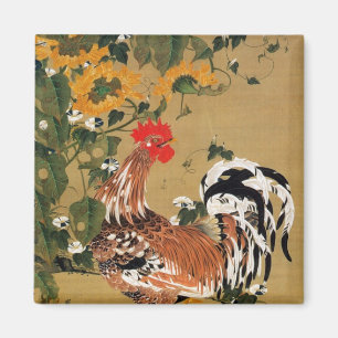 Imã 5. 向日葵雄鶏図, girassol do 若冲 e galo,