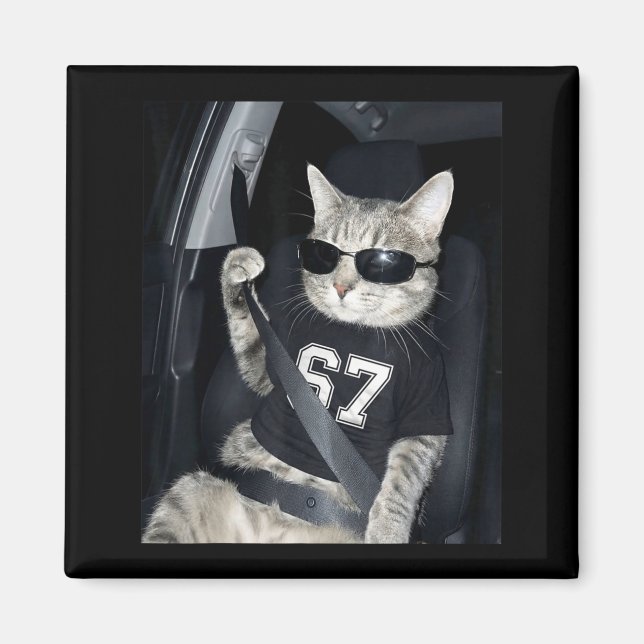 Imã 67 Cat Wearing Sungles Gen Alpha Funny Six Seven 6 (Frente)