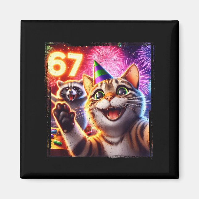 Imã 67 Meme Cat Raccoon New Year Selfie Funny Birthday (Frente)