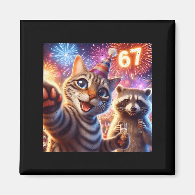 Imã 67 Meme Cat Raccoon New Year Selfie Funny Birthday (Frente)
