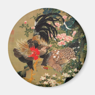 Imã 6. 紫陽花双鶏図, Hydrangea do 若冲 e galo,