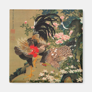 Imã 6. 紫陽花双鶏図, Hydrangea do 若冲 e galo,