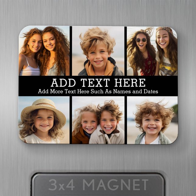 Ímã 6 Colagem de Fotos 2 Linhas de Texto -- Pode Edita (Personalized fridge magnet - add photos and custom text)