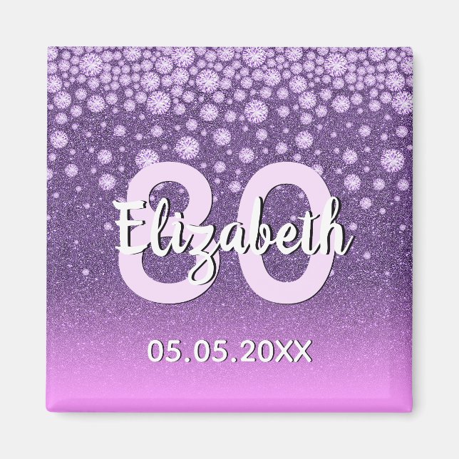 Imã 80º aniversário roxo brilho rosa diamantes nome (Frente)