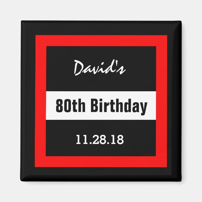 Imã 80 Aniversário preto com quadro vermelho personali (Frente)