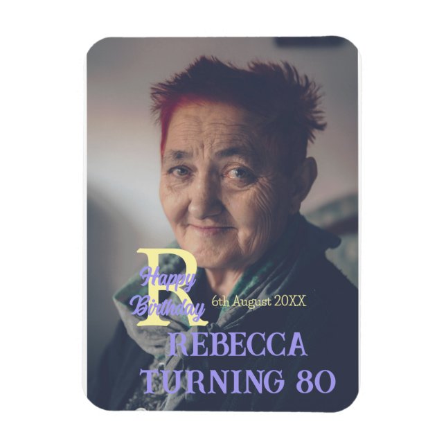 Ímã 80 de aniversário da foto adicione nome data roxo  (Vertical)