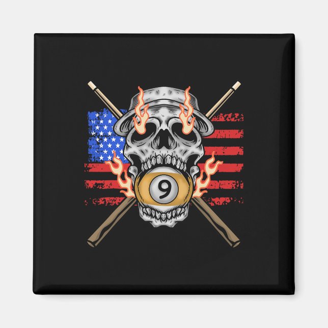 Imã 9 Ball Billiard Piscina Player American Flag Skull (Frente)