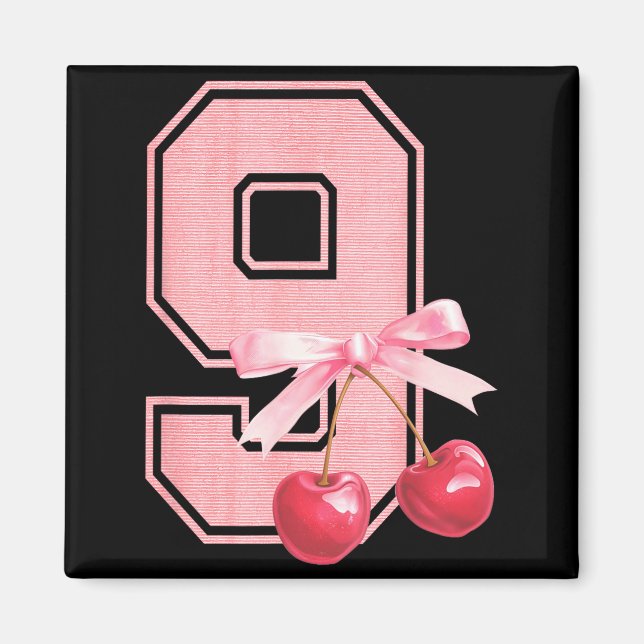 Imã 9th Birthday Girl Cherry Coquette Bow 9 Year Old G (Frente)