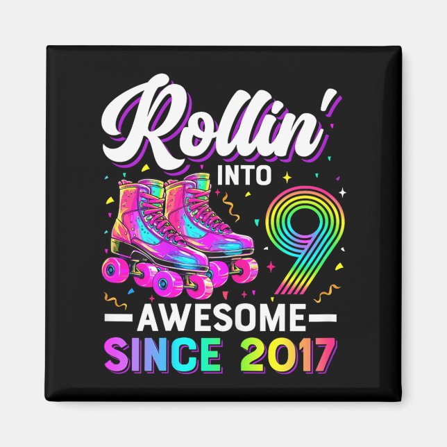 Imã 9th Birthday Shirt Girl Nine 9 Year Old Roller Ska (Frente)