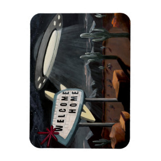 Ímã A desert vintage road sign and flying saucer.