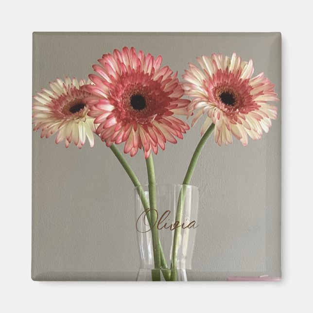 Imã A Feliz Gerbera Rosa Flor Foto +Nome Personalizado (Frente)
