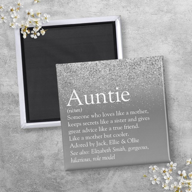 Imã A melhor tia do mundo, a titia definição de prata (World's Best Aunt Auntie Definition Silver Glitter Magnet)