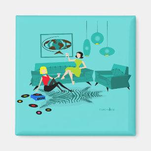 Imã A noite retro da menina no ímã quadrado