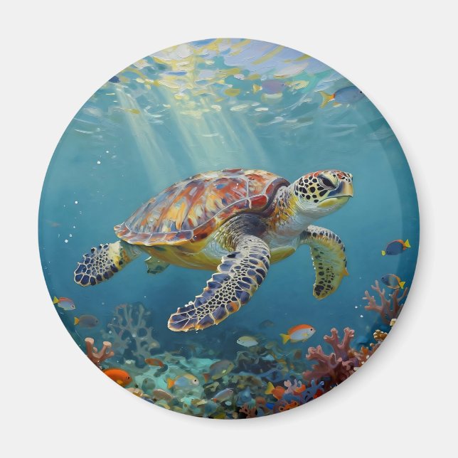 Imã A Sea Turtle and Sun Rays in the Ocean Blue (Frente)