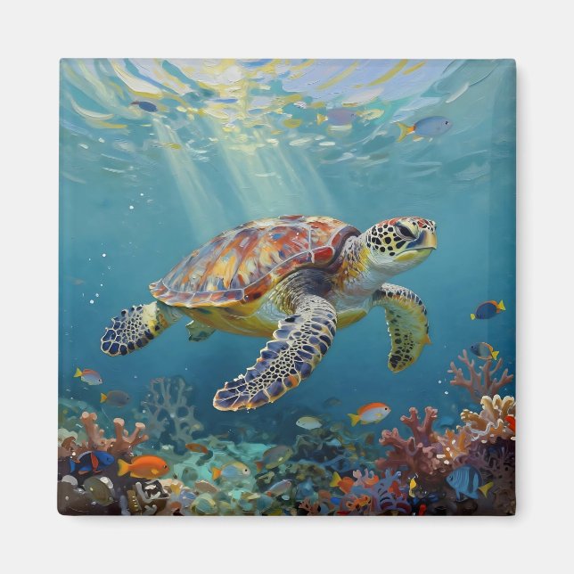 Imã A Sea Turtle and Sun Rays in the Ocean Blue (Frente)