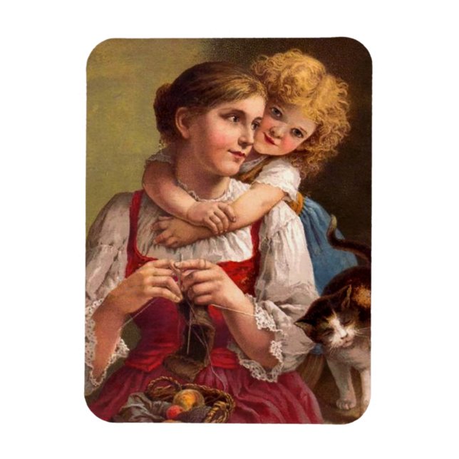 Ímã A tricotar mãe com filho e gato (Vertical)